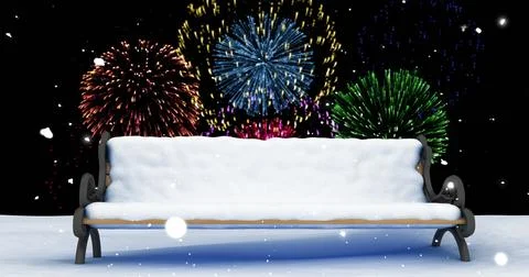 Image of fireworks exploding over bench and winter scenery イラスト素材