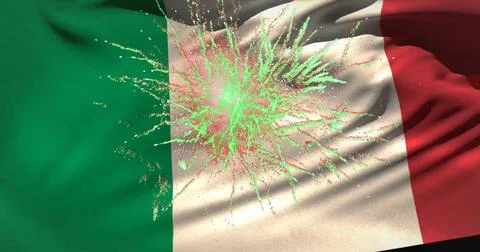 Image of fireworks exploding over flag of italy 스톡 일러스트