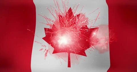 Image of fireworks exploding over flag of canada Stock Illustration