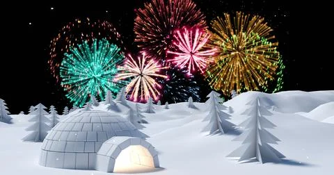 Image of fireworks exploding over winter scenery イラスト素材