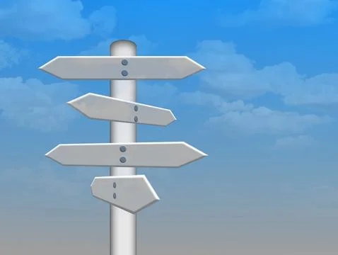 Image of five blank white road signs pointing in different directions Stock Illustration