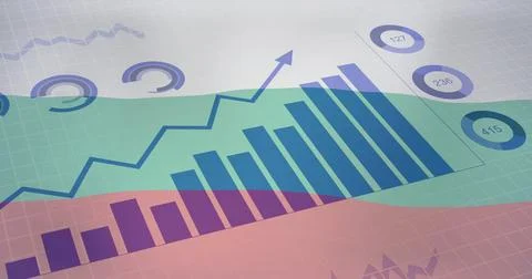 Image of flag of bulgaria over graphs and charts processing data 库存插图