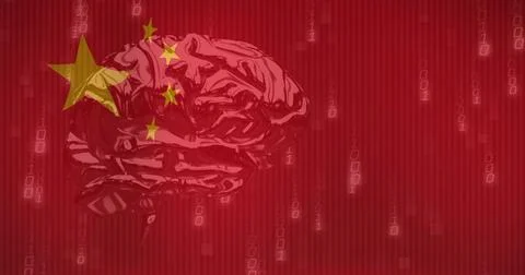 Image of flag of china and binary coding data processing over human brain 스톡 일러스트