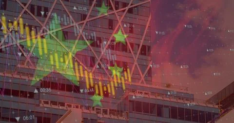 Image of flag of china and data processing over cityscape Stockfoto's