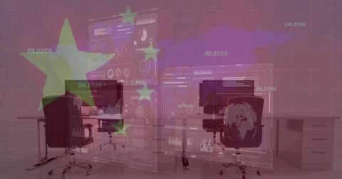 Image of flag of china with data processing over desks with computers on white Foto stock
