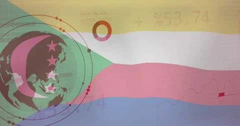 Image of flag of comoros over globe, charts and processing data 스톡 일러스트