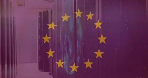 Image of flag of eu and globe over server room Stock Photos