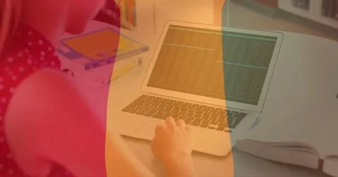 Image of flag of guinea and digital data processing over caucasian woman using Stock Illustration