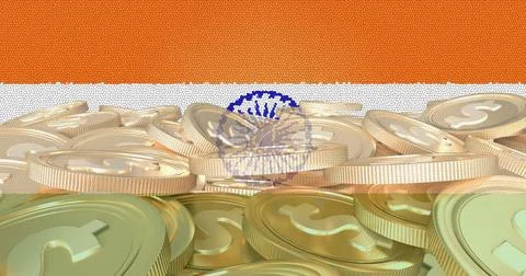 Image of flag of india over stack of gold coins Ilustração Stock