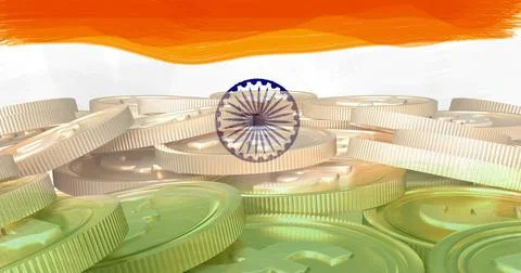 Image of flag of india over stack of gold coins Ilustração Stock