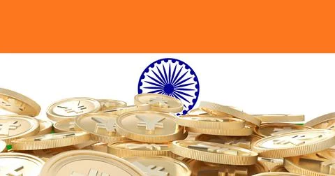 Image of flag of india over stack of gold japanese yen coins Ilustração Stock