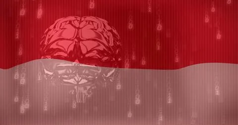 Image of flag of indonesia over binary coding and brain Stock Photos