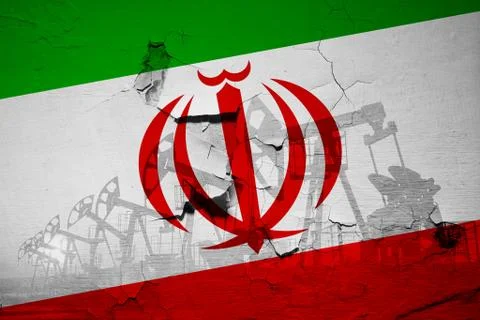 Image of the flag of Iran total in cracks and oil rigs, at an angle. Stock Illustration