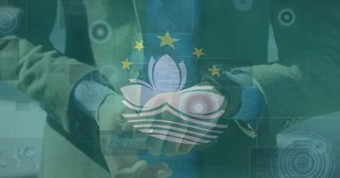 Image of flag of macau over processing data and biracial man using smartwatch 库存照片