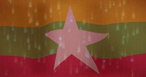 Image of flag of myanmar over binary coding Stock Photos