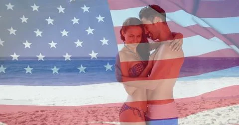 Image of flag of usa over caucasian couple on beach in summer Ilustração Stock