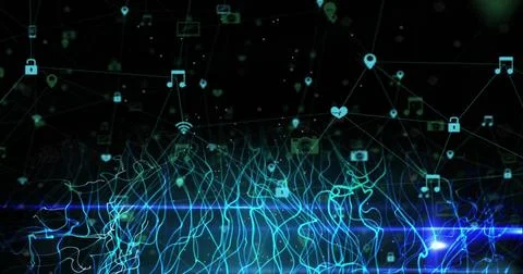 Image of flames pattern and multiple icons over black background 스톡 일러스트