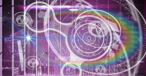 Image of flare, digital circles with globe, profile icons and binary code o.. Stock Photos