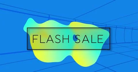 Image of flash sale text and abstract neon shapes on blue background Stock Illustration