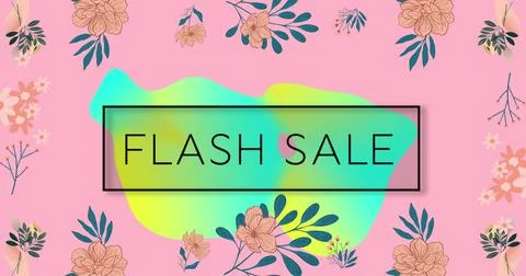 Image of flash sale text in black, over blue and yellow blob, with flowers and Ilustração Stock