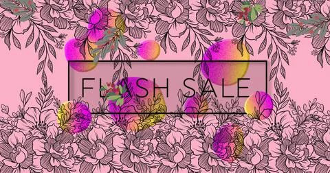 Image of flash sale text in frame over glowing blobs and flowers on pink Ilustração Stock