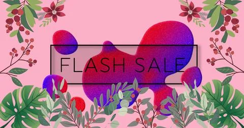 Image of flash sale text in frame over glowing blob and flowers on pink Ilustração Stock