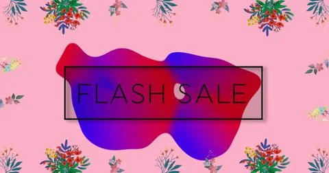 Image of flash sale text in frame over glowing blob and flowers on pink Ilustração Stock