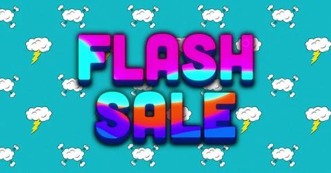 Image of flash sale text over multicolored circular pattern against clouds and Stock Illustration