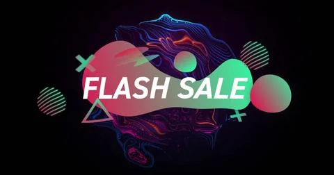Image of flash sale text over colourful shapes on black background Stock Illustration