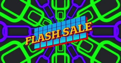 Image of flash sale text over moving shapes on black background Stock Illustration