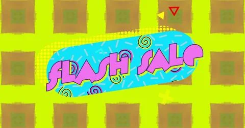Image of flash sale text in pink over kaleidoscopic yellow and green shapes Stock Illustration