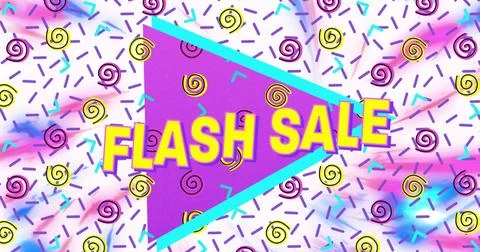 Image of flash sale text in yellow letters over brightly coloured retro pattern 库存插图