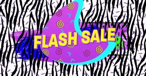 Image of flash sale text in yellow letters over brightly coloured zebra retro Stock Illustration