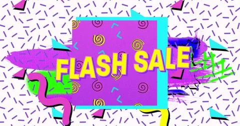 Image of flash sale text in yellow letters over brightly coloured retro pattern Illustrazione stock