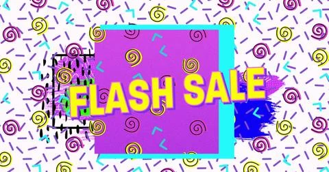 Image of flash sale text in yellow letters over brightly coloured retro pattern 스톡 일러스트