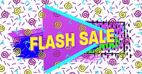Image of flash sale text in yellow letters over brightly coloured retro pattern 스톡 일러스트
