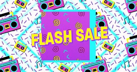 Image of flash sale text in yellow letters over brightly coloured retro cassette 库存插图