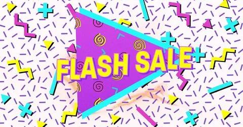 Image of flash sale text in yellow letters over brightly coloured retro pattern 스톡 일러스트