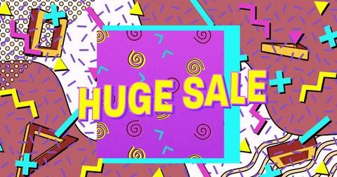 Image of flash sale text in yellow letters over brightly coloured retro pattern Illustrazione stock