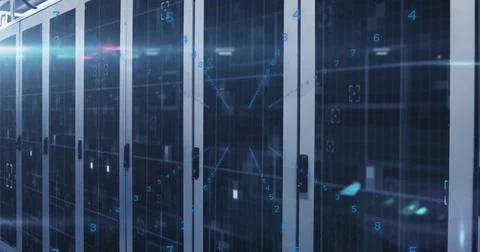 Image of flashing lights and data processing over server room Foto stock