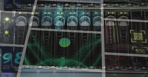 Image of flashing lights on computer server over colourful clips playing on 스톡 사진