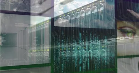 Image of flashing lights on computer server over colourful clips playing on Foto stock