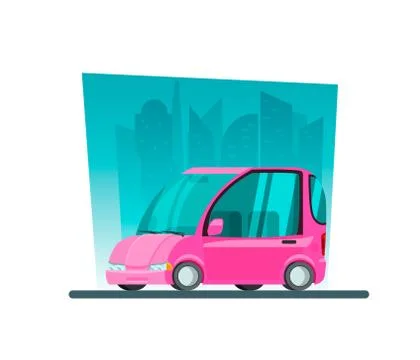 Image in a flat style with a mini car on a background of skyscrapers Stock Illustration
