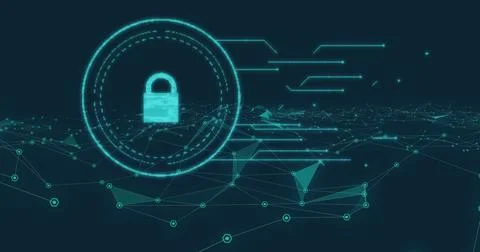 Image of flickering online security padlock over network of connections Stock Illustration