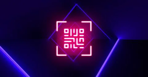Image of flickering pink QR code with blue neon lines. 스톡 일러스트