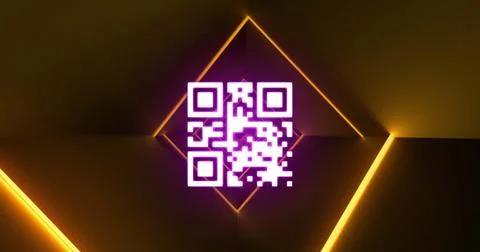 Image of flickering qr code over neon lights Stock Photos