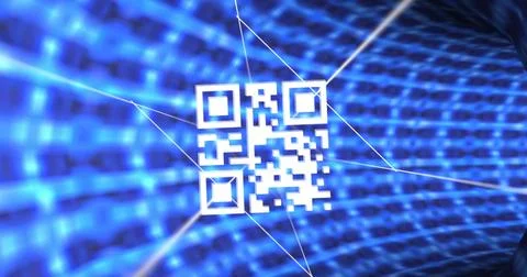 Image of flickering qr code over tunel of neon lights 库存照片