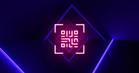 Image of flickering qr code over neon lights Stock Photos
