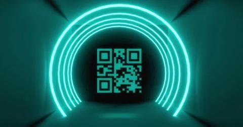 Image of flickering qr code over circle neon lights Stock Photos