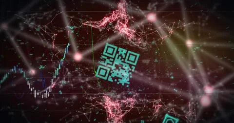 Image of flickering qr code over network of connections and neon lights Stock Photos